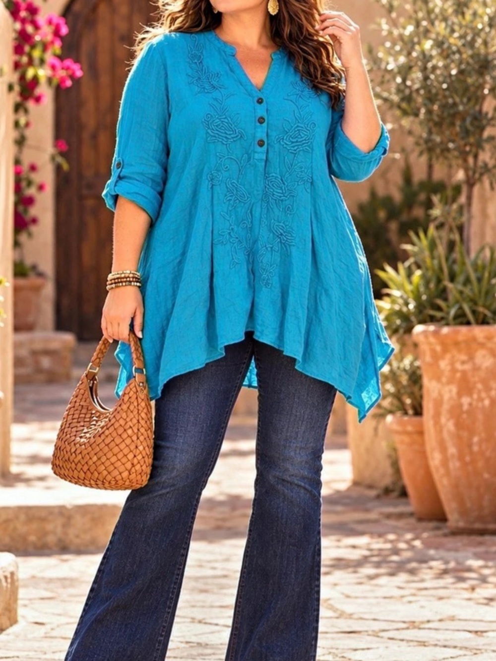 Kyla Seo XL Turquoise Linen Embroidered Boho Tunic